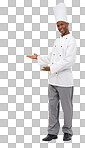 Portrait, chef and black man with promotion, showing or employee isolated on transparent background. African person, model or culinary expert with uniform, happiness or png with opportunity or worker