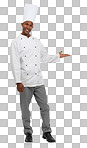 Portrait, man and chef with smile for offer, suggestion or choice with hand in gesture. Black person, cook and presentation for health, nutrition or wellness on isolated or transparent png background