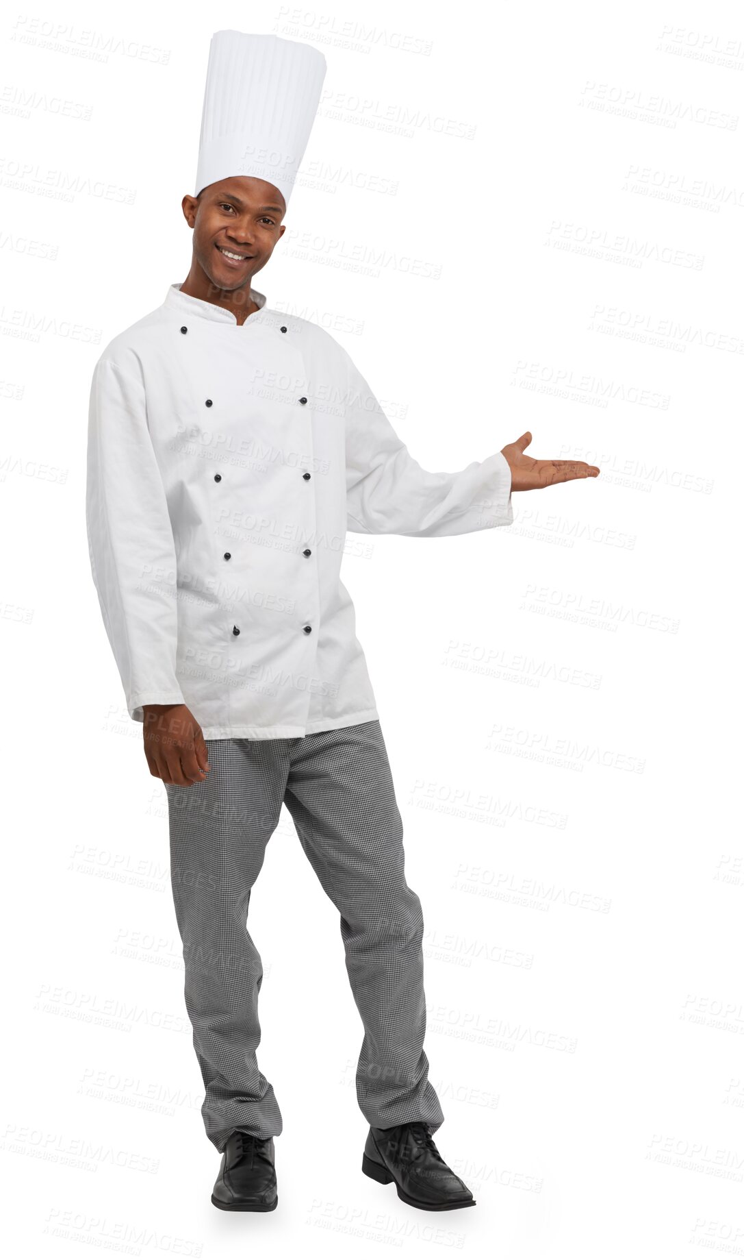 Buy stock photo Portrait, man and chef with smile for offer, suggestion or choice with hand in gesture. Black person, cook and presentation for health, nutrition or wellness on isolated or transparent png background