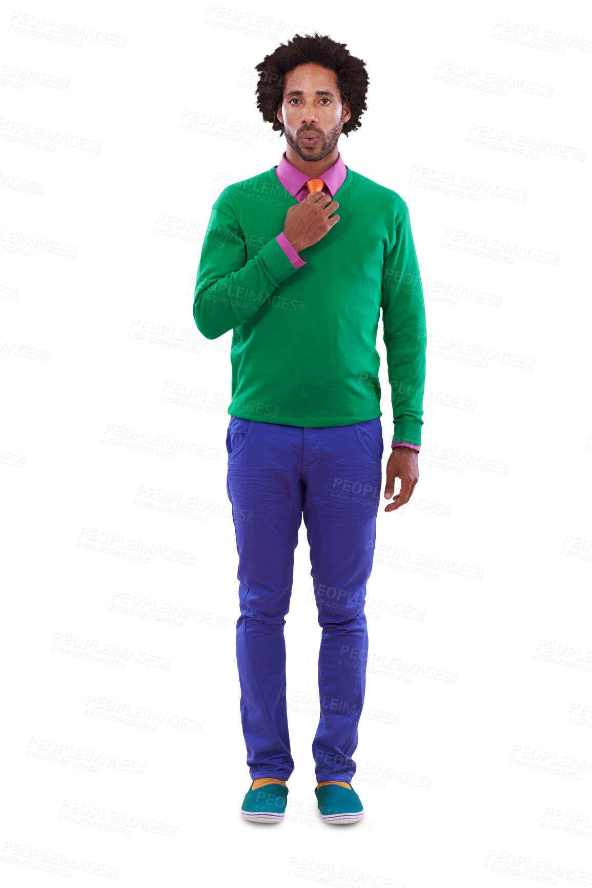 Buy stock photo Portrait, style and man with fashion, confident guy and designer isolated on a transparent background. Person, creative and model with casual outfit, aesthetic and png with colourful clothes or retro