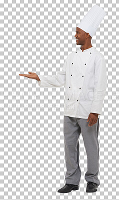 Buy stock photo Face, man and chef with smile for presentation, offer or  suggestion for choice in profile. Black person, cook and showing for health, nutrition or wellness on isolated or transparent png background