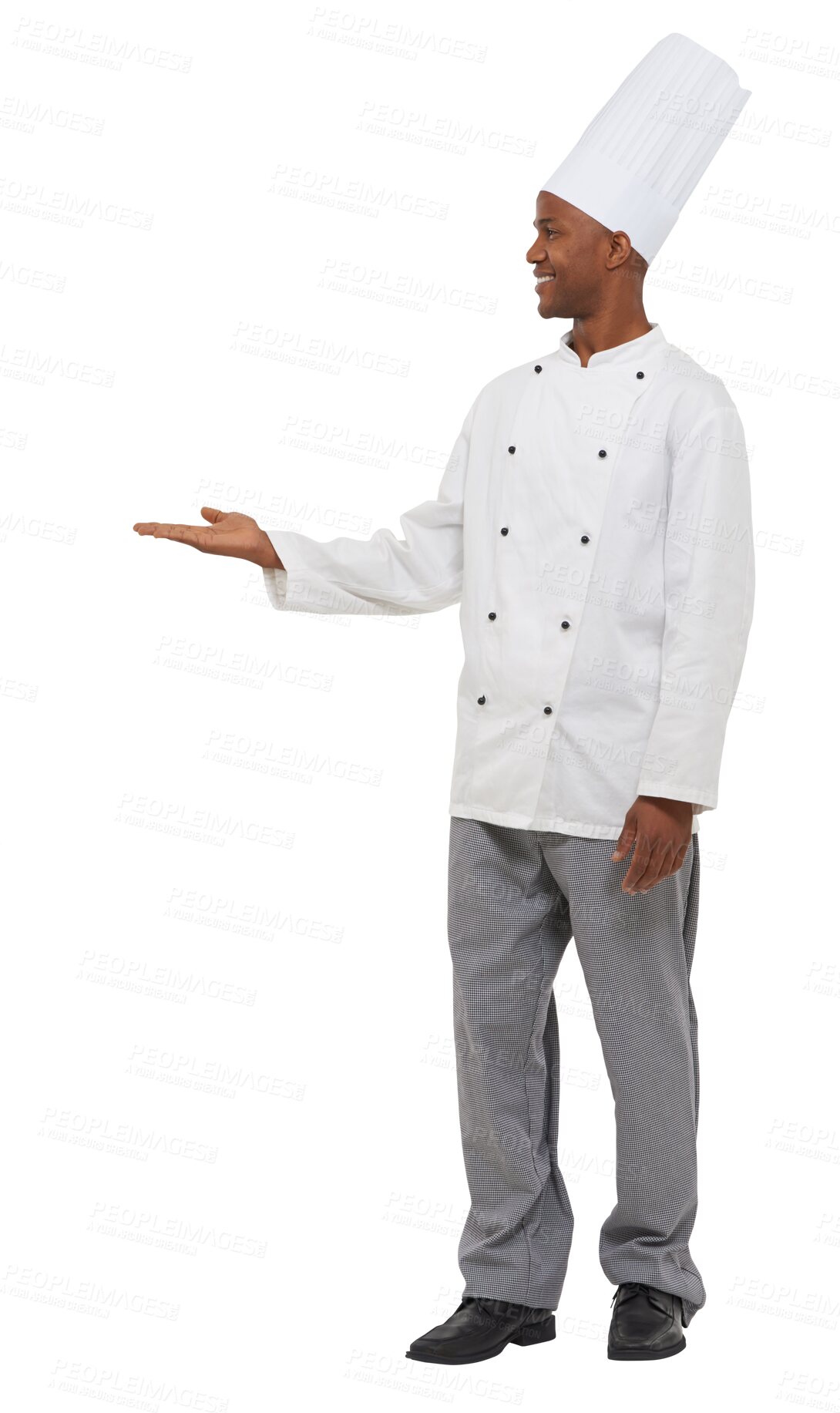 Buy stock photo Face, man and chef with smile for presentation, offer or  suggestion for choice in profile. Black person, cook and showing for health, nutrition or wellness on isolated or transparent png background