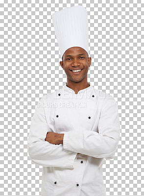 Buy stock photo Happy, crossed arms and portrait of man chef with confident, good and positive attitude. Smile, hospitality job and professional young African culinary worker isolated by transparent png background.