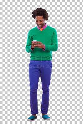 Buy stock photo Fashion, smile and black man with a smartphone, typing and connection isolated on transparent background. African person, guy or model with cellphone, mobile user and png with internet or digital app