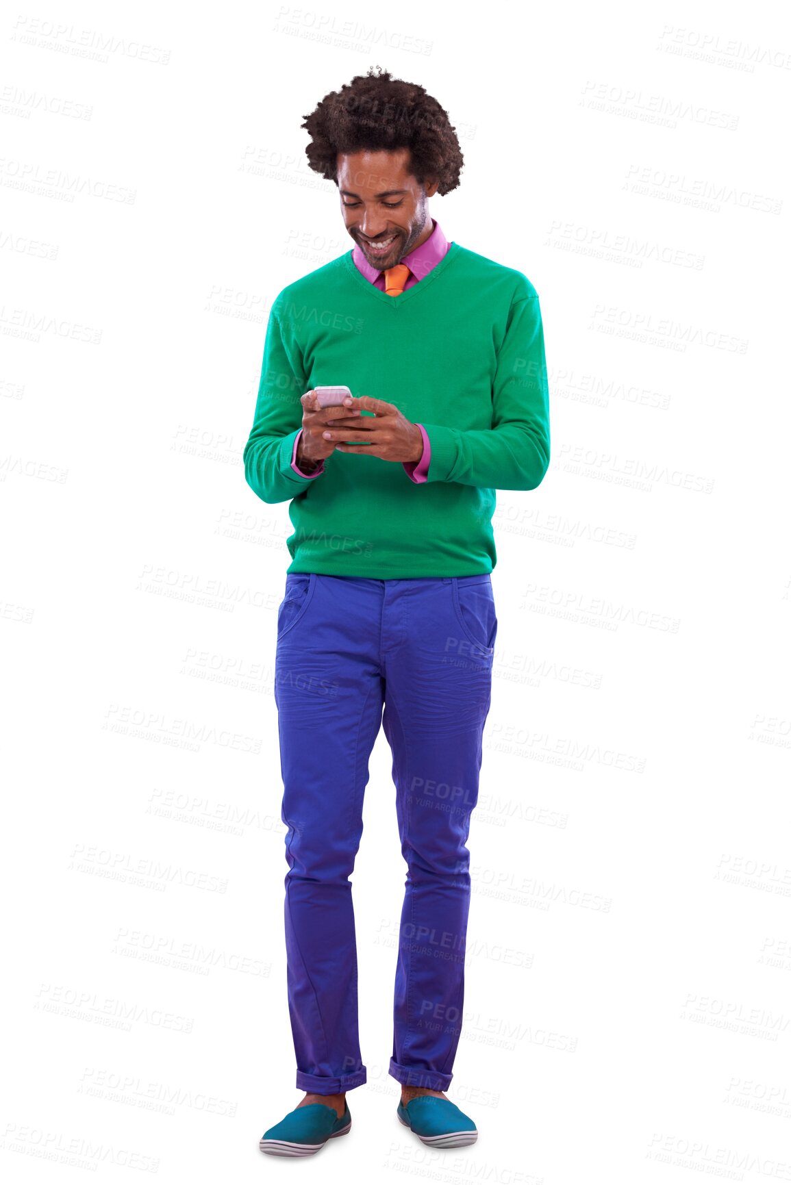 Buy stock photo Fashion, smile and black man with a smartphone, typing and connection isolated on transparent background. African person, guy or model with cellphone, mobile user and png with internet or digital app