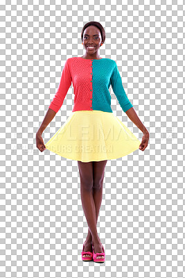 Buy stock photo Portrait, fashion and retro with a happy black woman isolated on a transparent background for colorful style. Smile, bright and trendy with a confident young model on PNG in a multicolor outfit