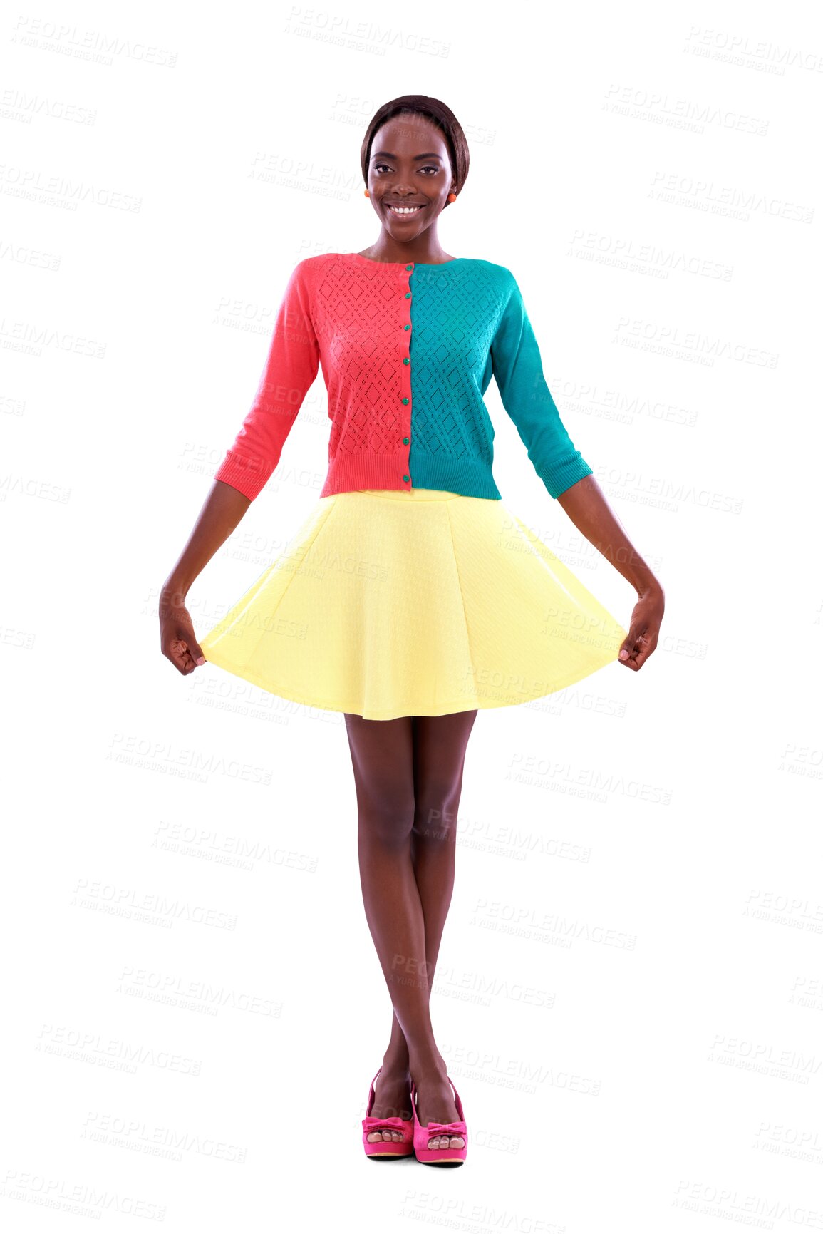 Buy stock photo Portrait, fashion and retro with a happy black woman isolated on a transparent background for colorful style. Smile, bright and trendy with a confident young model on PNG in a multicolor outfit