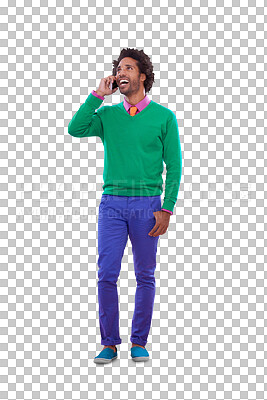 Buy stock photo Phone call, excited and young black man with communication in colorful, stylish and casual outfit. Happy, cellphone and African person on mobile conversation isolated by transparent png background.