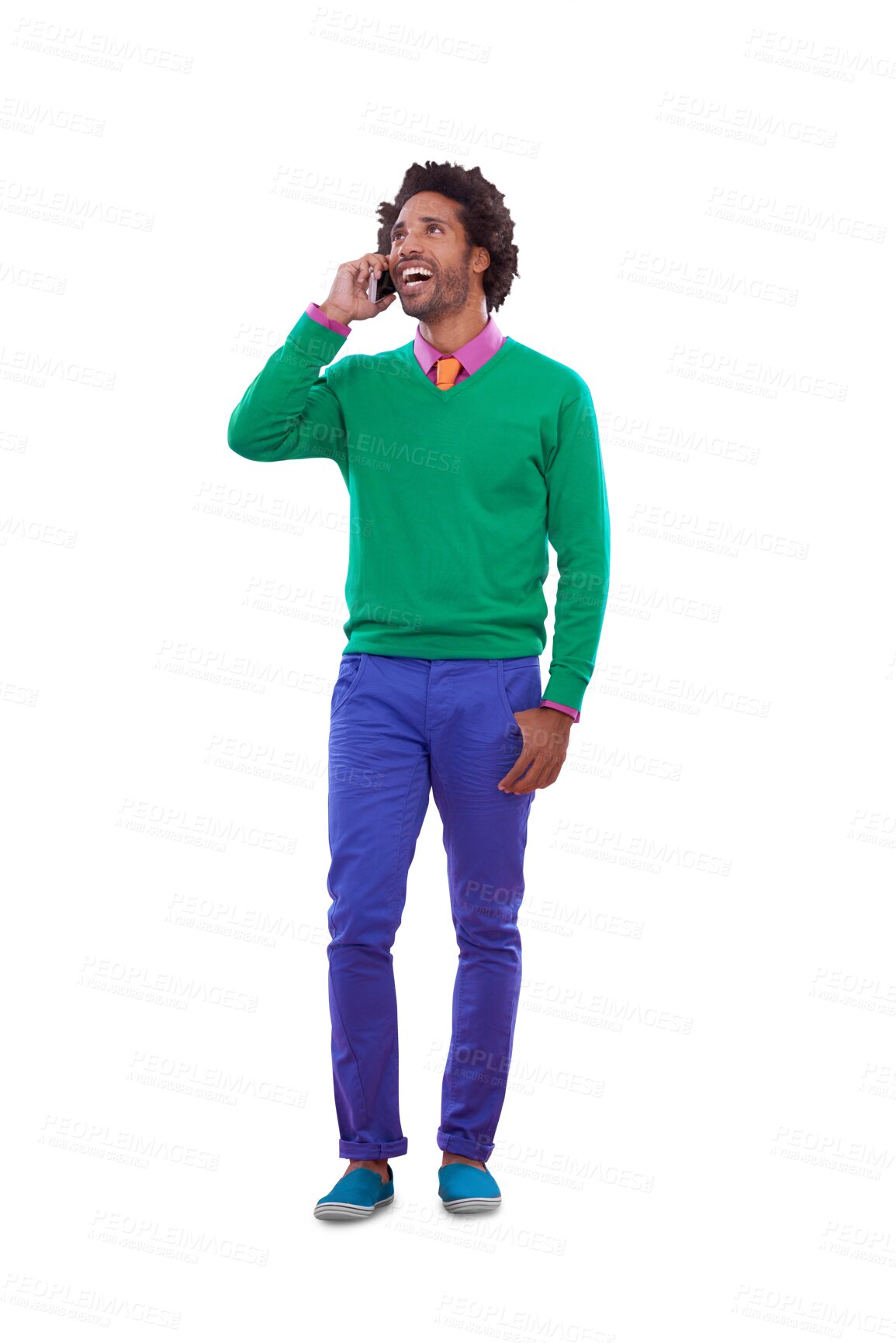 Buy stock photo Phone call, excited and young black man with communication in colorful, stylish and casual outfit. Happy, cellphone and African person on mobile conversation isolated by transparent png background.