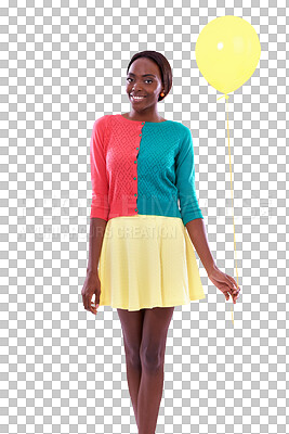 Buy stock photo Portrait, smile or fashion and a black woman with a balloon isolated on a transparent background. Birthday, party or celebration with a confident and happy young person on PNG in a colorful outfit