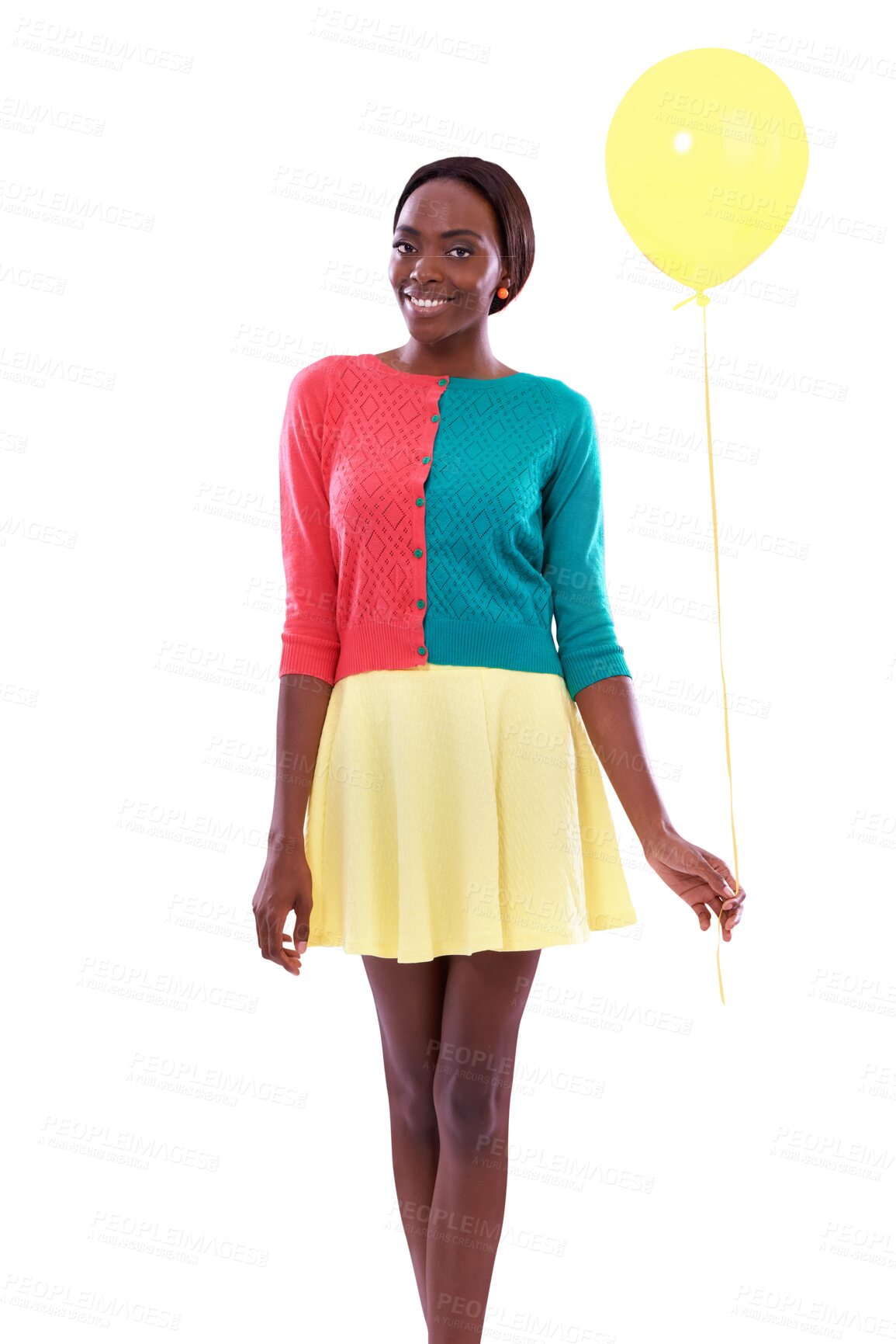 Buy stock photo Portrait, smile or fashion and a black woman with a balloon isolated on a transparent background. Birthday, party or celebration with a confident and happy young person on PNG in a colorful outfit