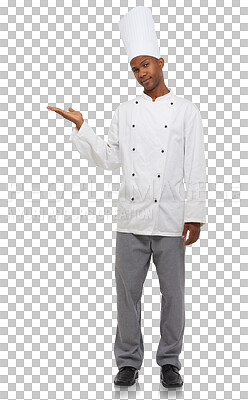 Buy stock photo Chef with hand pointing, presentation and portrait isolated on transparent png background with menu deal. Fine dining, hospitality or catering with black man, cook or baker with restaurant promo.