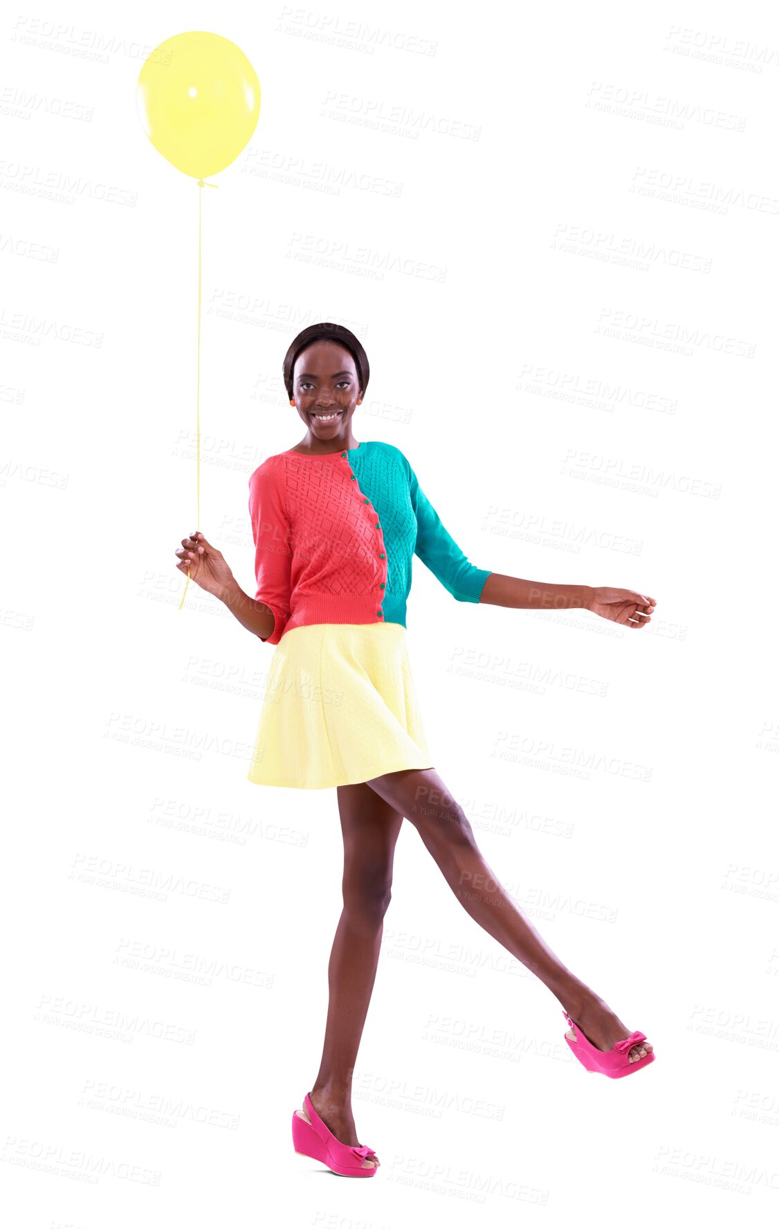 Buy stock photo Portrait, style and black woman with fashion, balloon confident girl isolated on transparent background. African person, creative and model with casual outfit, aesthetic and png with party decoration