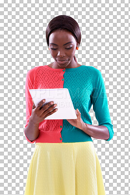 Buy stock photo Fashion, typing and black woman with tablet, internet or connection isolated on transparent background. African person, girl or model with tech, png or stylish outfit with social media or digital app