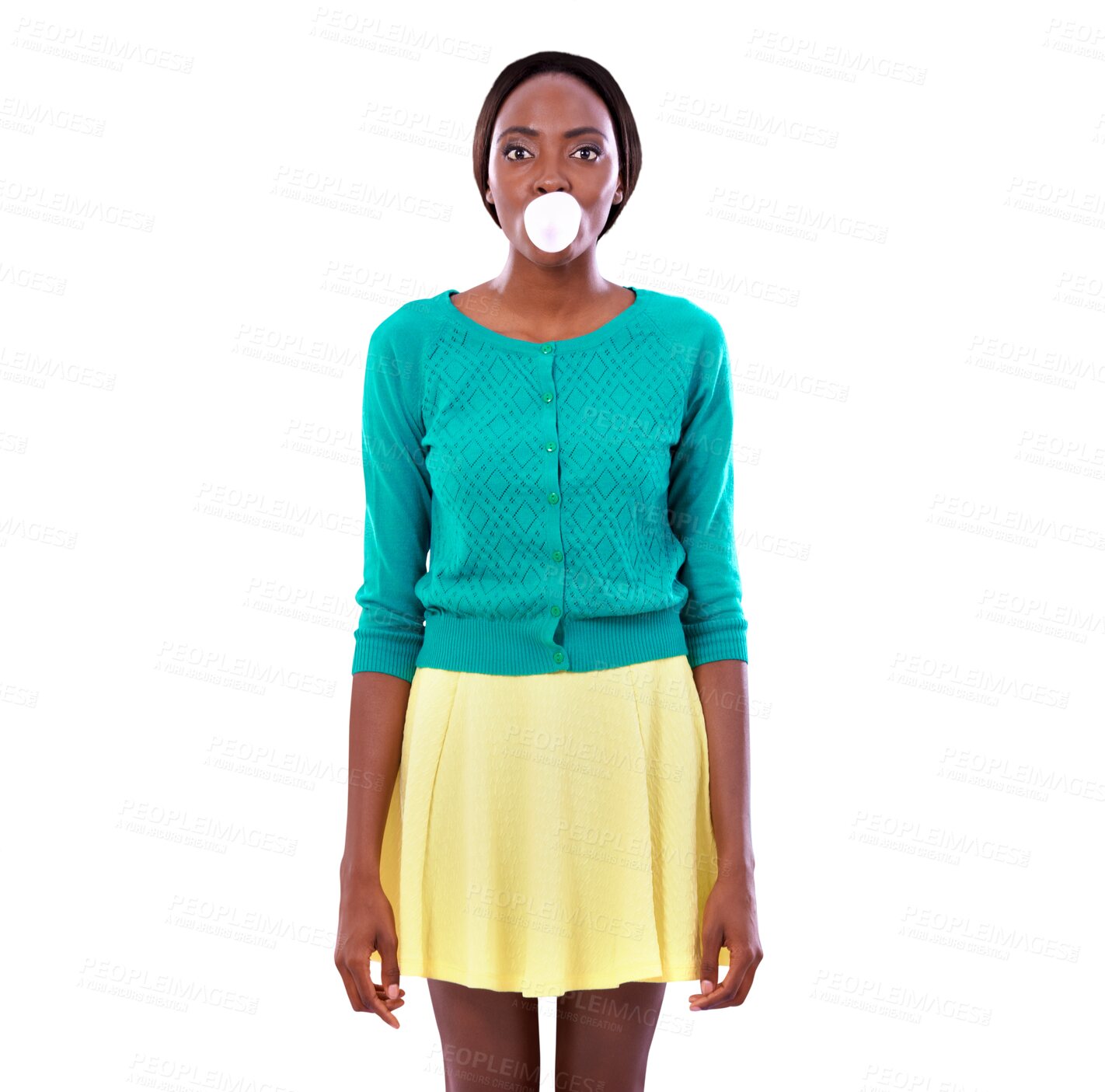 Buy stock photo Isolated African woman, blow bubblegum and portrait for candy, retro or trendy style by transparent png background. Girl, model or person with vintage clothes, edgy fashion and sweets with color