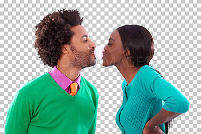 Buy stock photo Love, kiss and bubblegum with a black couple, happy and romance isolated on a transparent background. People, fashion and man with black woman, romantic and png with candy, sweet and blowing bubbles