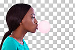 Isolated African woman, bubble and gum in profile for candy, retro and trendy style by transparent png background. Girl, model and person with memory, fashion or thinking with blow, sweets or color