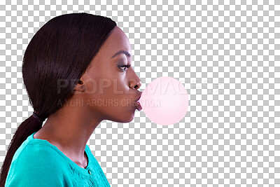 Buy stock photo Isolated African woman, bubble and gum in profile for candy, retro and trendy style by transparent png background. Girl, model and person with memory, fashion or thinking with blow, sweets or color