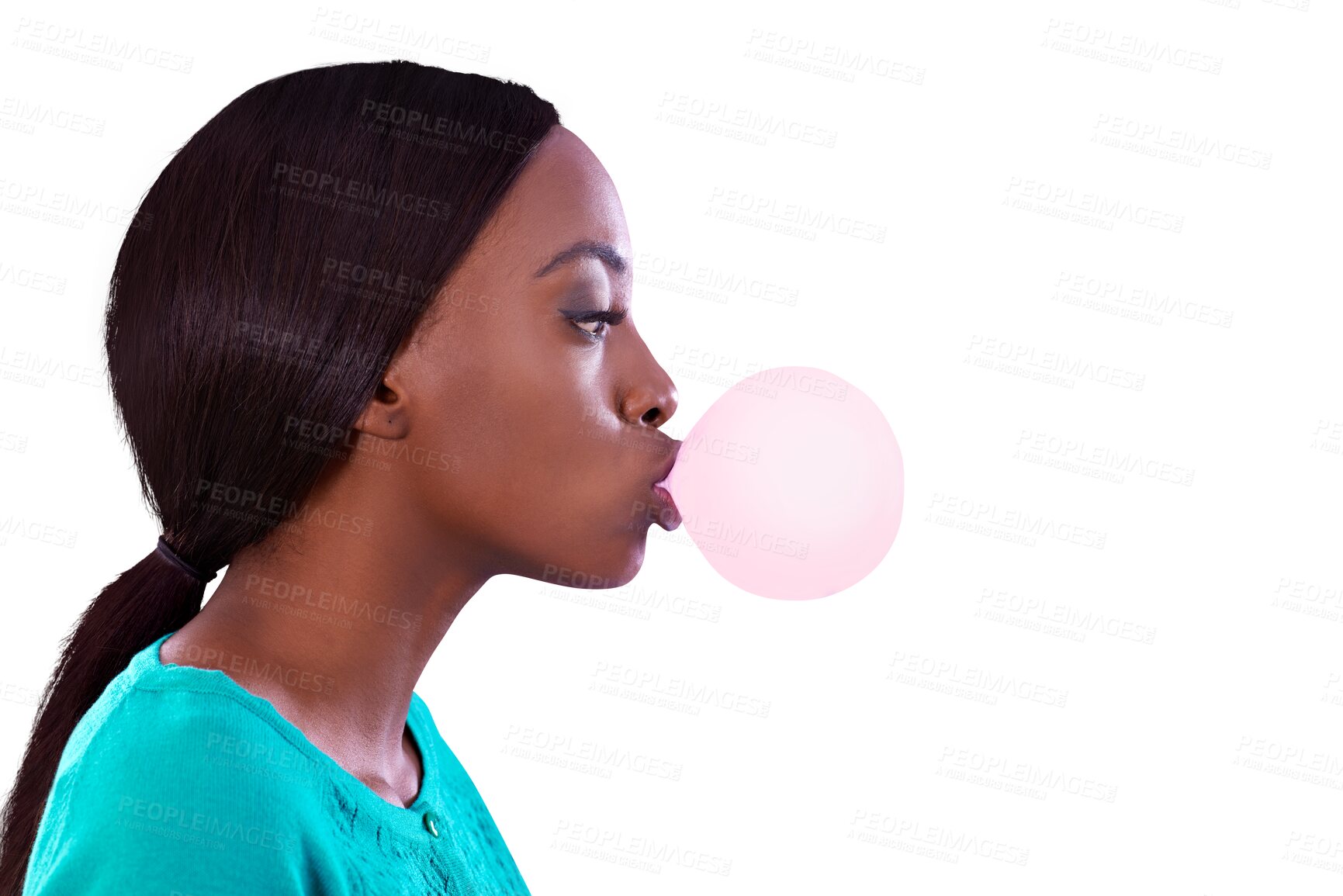 Buy stock photo Isolated African woman, bubble and gum in profile for candy, retro and trendy style by transparent png background. Girl, model and person with memory, fashion or thinking with blow, sweets or color