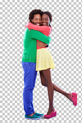 Buy stock photo Retro fashion, color and happy couple in hug isolated on transparent png background together on date. Love, embrace and smile, black woman and man in vintage style, vibrant clothes and bright romance