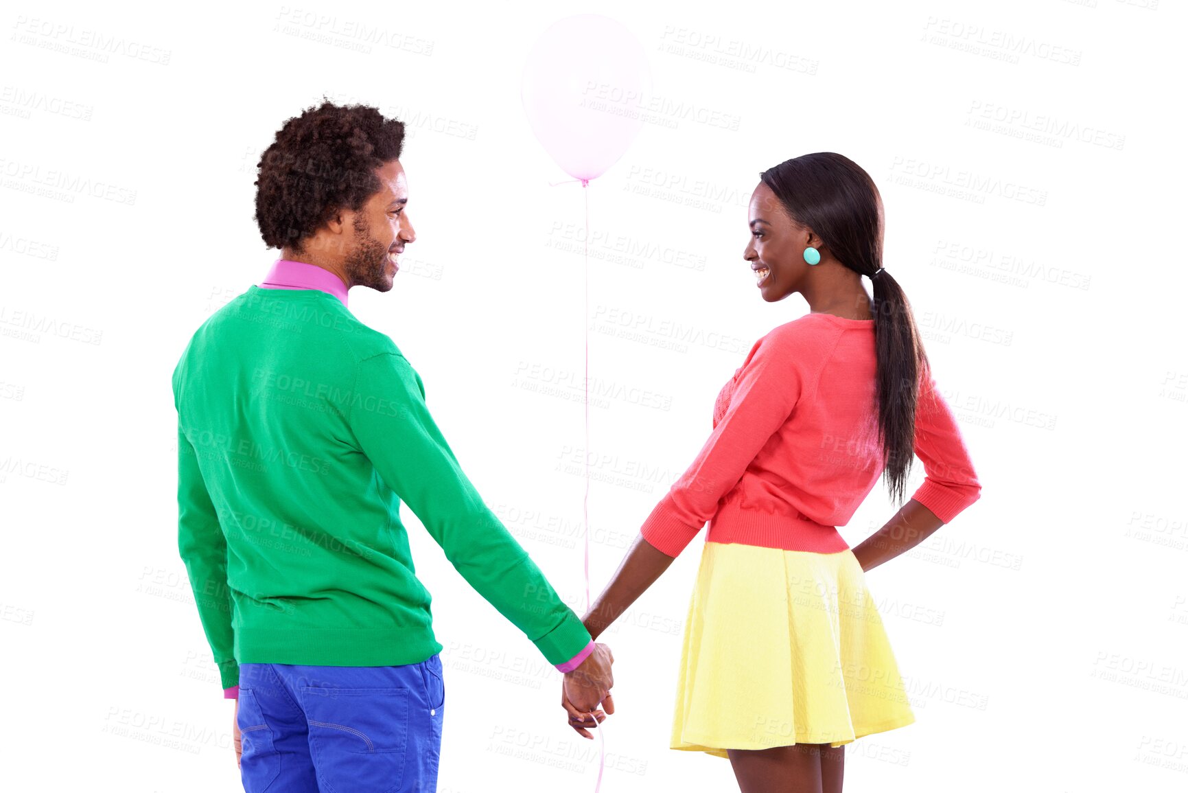 Buy stock photo Balloon, back and a black couple holding hands for love isolated on transparent background together. Fashion, smile or happy with a young man and woman on PNG for birthday or anniversary celebration