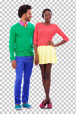 Buy stock photo Retro fashion, color and happy couple isolated on transparent png background together on date. Love, flirt and smile, black man and shy woman with vintage style, vibrant clothes and bright romance.