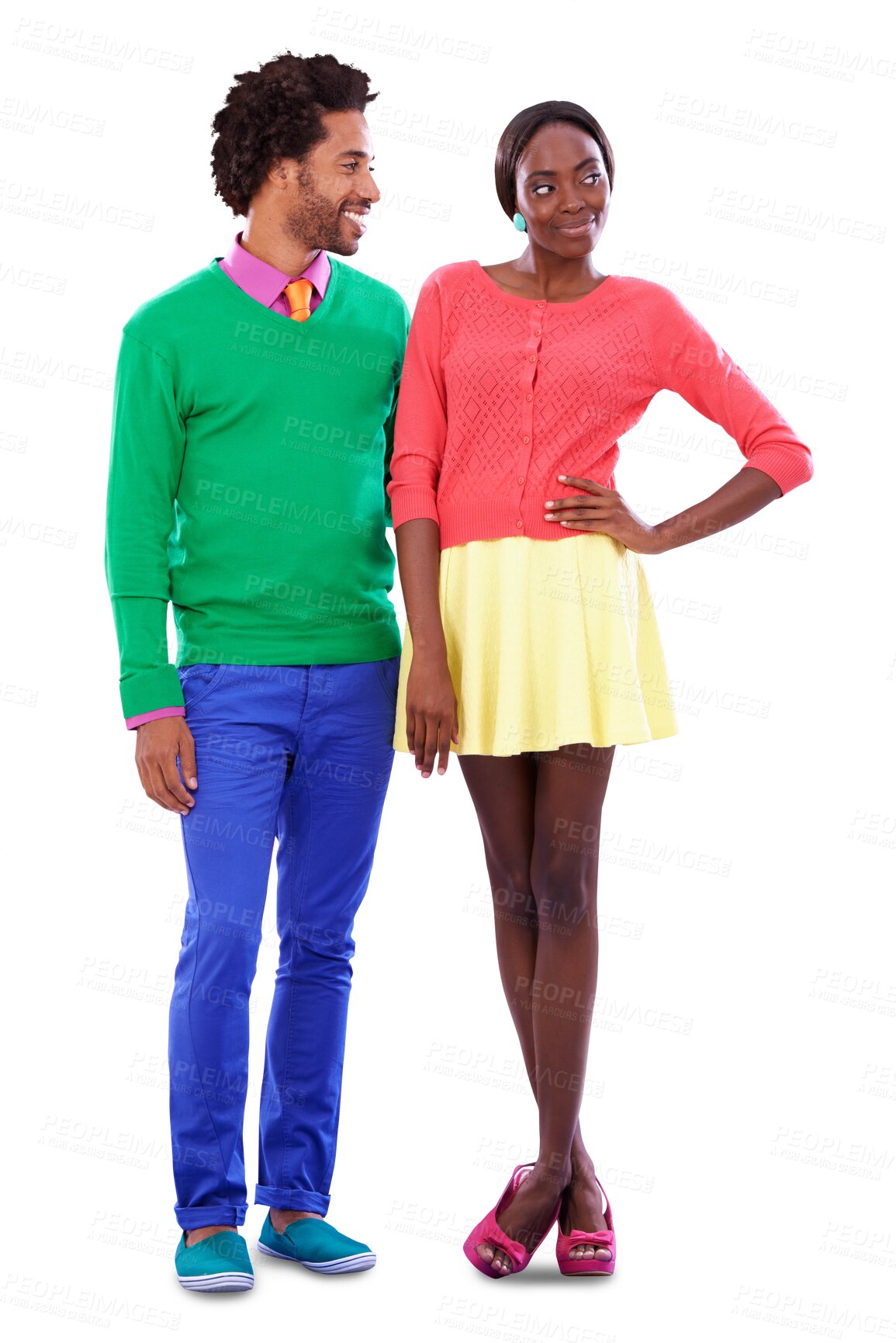 Buy stock photo Retro fashion, color and happy couple isolated on transparent png background together on date. Love, flirt and smile, black man and shy woman with vintage style, vibrant clothes and bright romance.