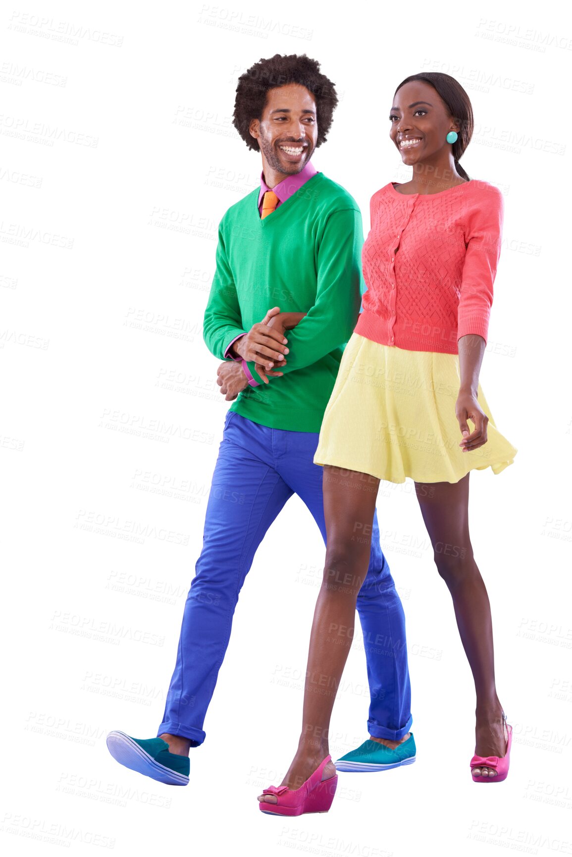 Buy stock photo Retro fashion, color and happy couple walking isolated on transparent png background together on date. Love, holding hands and smile, black woman and man in vintage style, vibrant clothes and romance