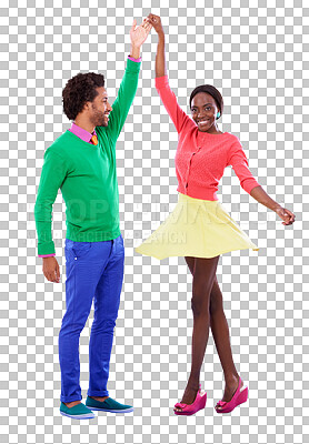 Buy stock photo Retro fashion, color and happy couple dance isolated on transparent png background together on date. Love, music and smile, portrait of black woman and man in vintage style, fun clothes and romance.