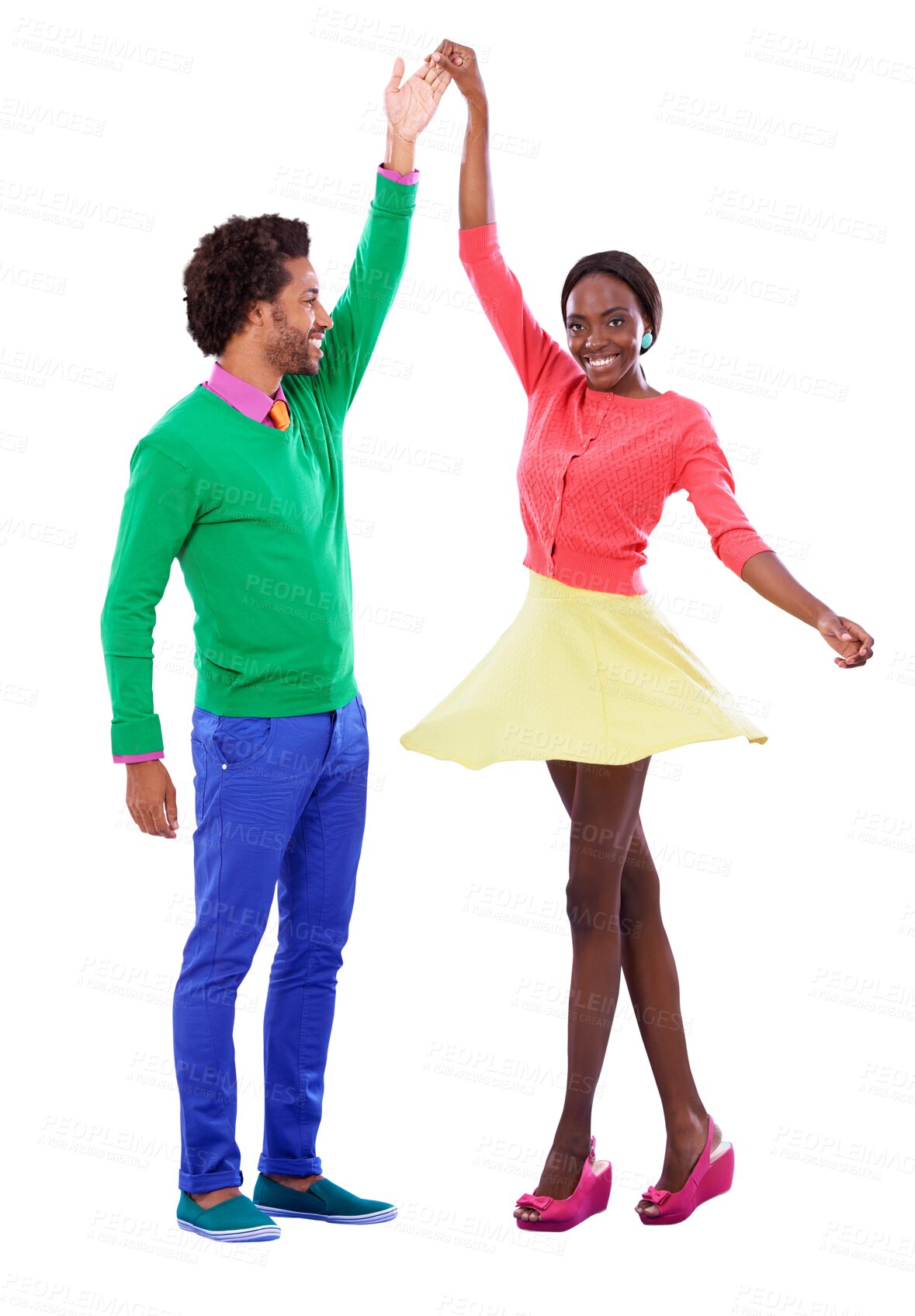 Buy stock photo Retro fashion, color and happy couple dance isolated on transparent png background together on date. Love, music and smile, portrait of black woman and man in vintage style, fun clothes and romance.