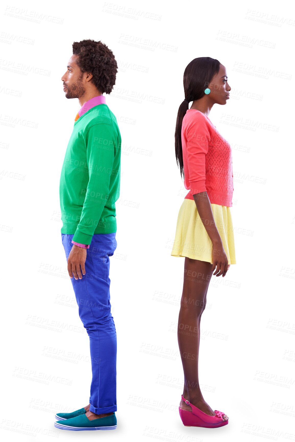 Buy stock photo Man, woman and retro fashion or vibrant colour blocking together or stylish, trends isolated on transparent png background. Black couple, back to back for fun clothes, vintage look, unique or pop art