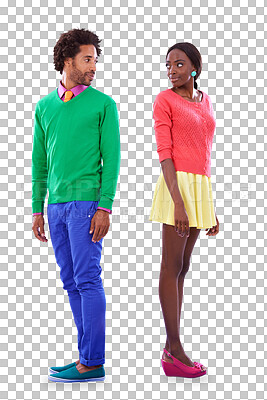 Buy stock photo Fashion, color and man and woman with style on isolated, png and transparent background. Love, dating and black couple with trendy clothes, style and casual outfit together for bonding, fun and smile