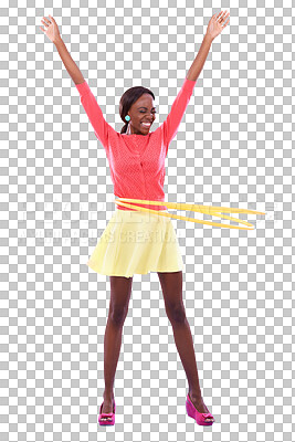 Buy stock photo Hula hoop, excited and young black woman with smile playing for having fun and entertainment. Retro, color outfit and African female person with exercise tool isolated by transparent png background.