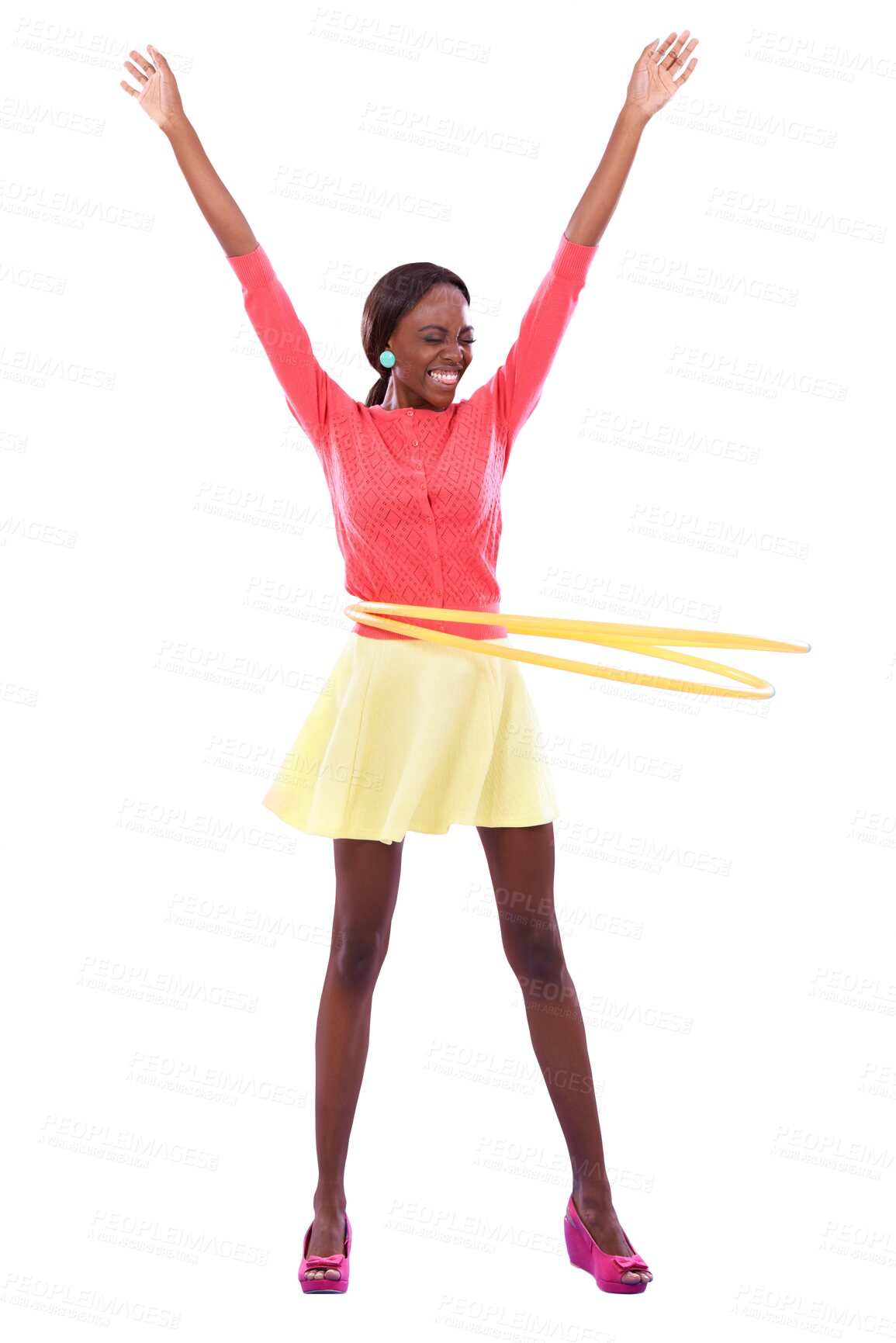 Buy stock photo Hula hoop, excited and young black woman with smile playing for having fun and entertainment. Retro, color outfit and African female person with exercise tool isolated by transparent png background.