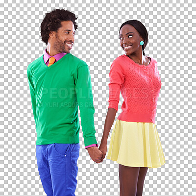 Buy stock photo Retro fashion, color and happy couple holding hands isolated on transparent png background together on date. Love, trust and smile, black woman and man in vintage style, vibrant clothes and romance.