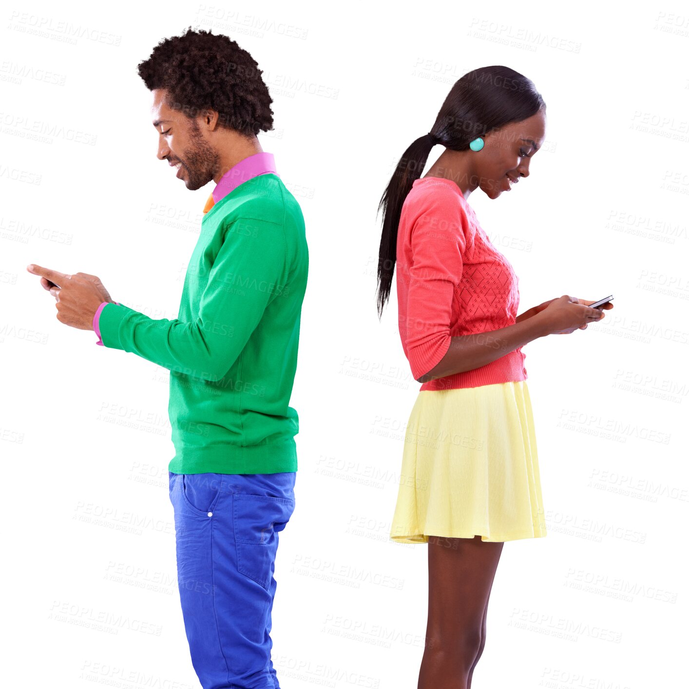 Buy stock photo Smile, black couple and typing on smartphone, internet or networking on mobile notification. Happy man, woman and phone on social media app, communication and isolated on a transparent png background