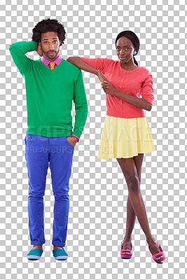 Buy stock photo Portrait, colorful fashion and a trendy black couple isolated on a transparent background together. Love, style or clothes with a confident young man and woman on PNG in a vibrant clothing outfit