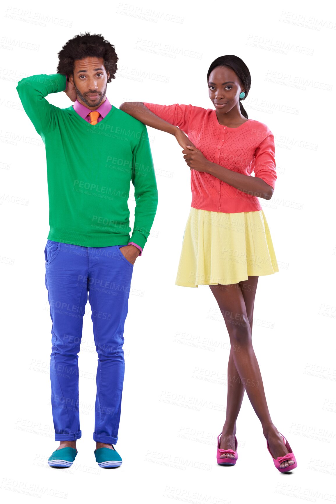 Buy stock photo Portrait, colorful fashion and a trendy black couple isolated on a transparent background together. Love, style or clothes with a confident young man and woman on PNG in a vibrant clothing outfit