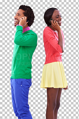 Buy stock photo Phone call, smile and young black couple with communication in colorful, stylish and casual outfit. Happy, cellphone and African people on mobile conversation isolated by transparent png background.