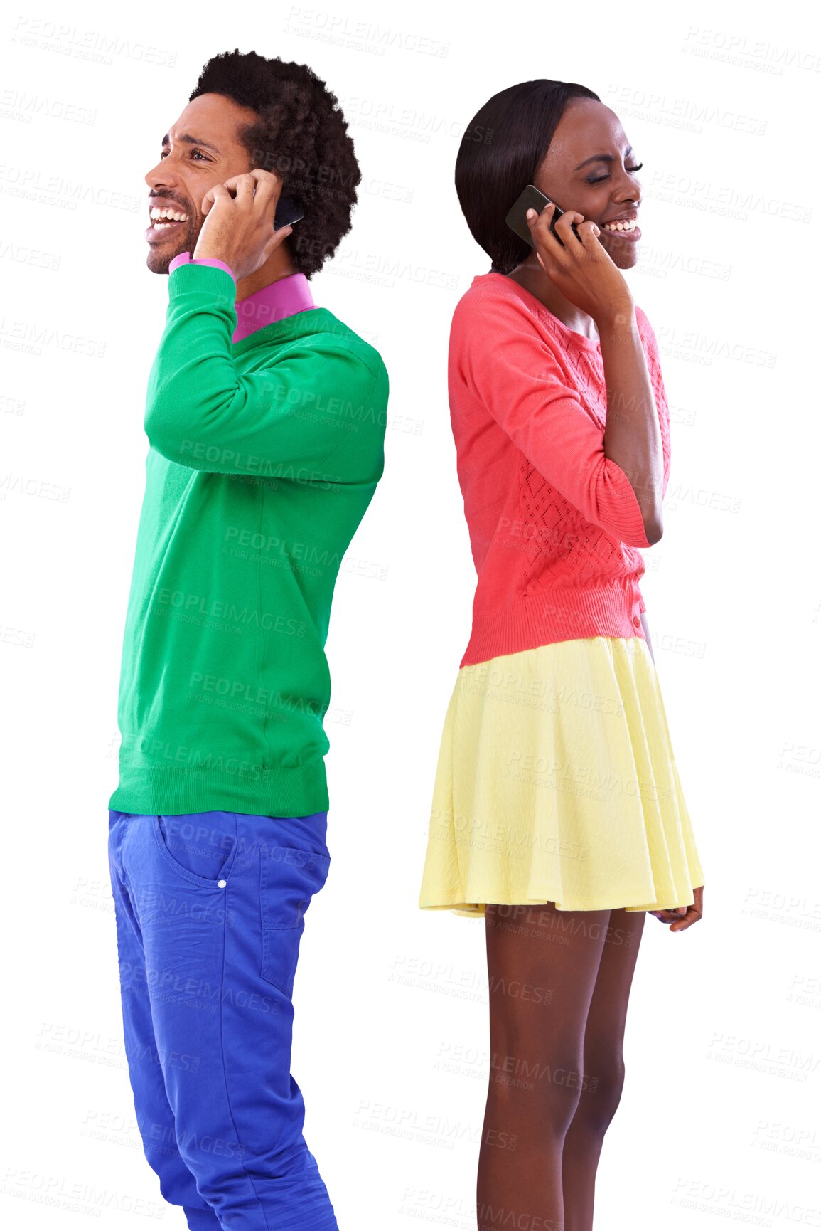 Buy stock photo Phone call, smile and young black couple with communication in colorful, stylish and casual outfit. Happy, cellphone and African people on mobile conversation isolated by transparent png background.