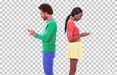 Buy stock photo Happy, black couple and typing on smartphone, back or networking on mobile notification. Man, smile and woman on technology, social media app or communication isolated on a transparent png background