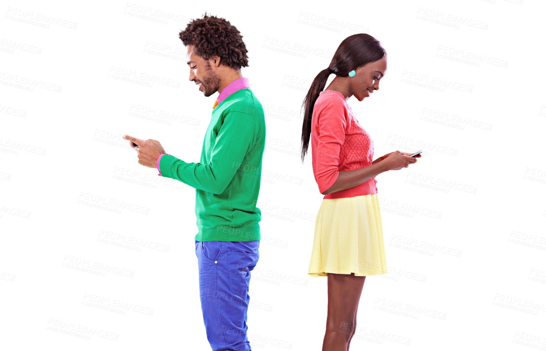 Buy stock photo Happy, black couple and typing on smartphone, back or networking on mobile notification. Man, smile and woman on technology, social media app or communication isolated on a transparent png background