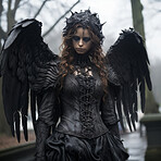 Dark angel of death outside. Woman dressed in black with black angel wings.