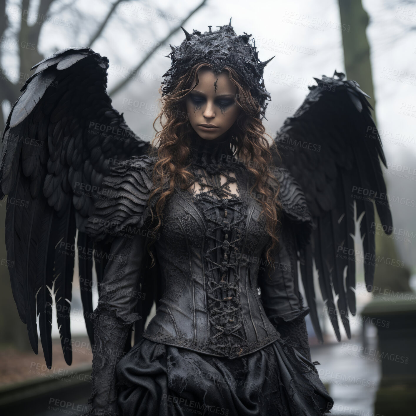 Buy stock photo Dark angel of death outside. Woman dressed in black with black angel wings.
