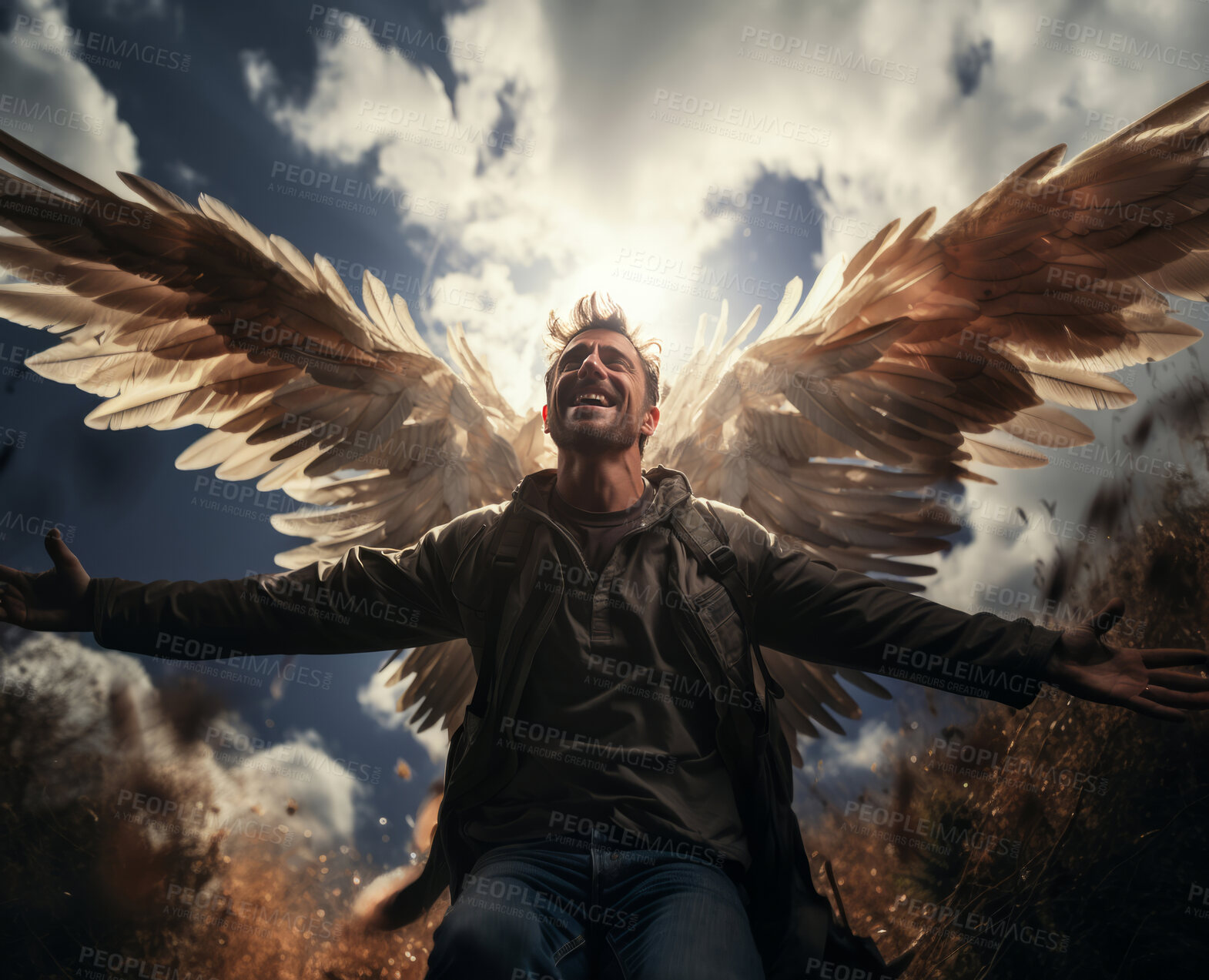 Buy stock photo Dramatic portrait of fallen angel dressed in casual clothes. Looking at heaven.