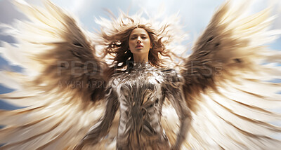 Portrait of warrior angel dressed in silver armour. Zoom blur effect.