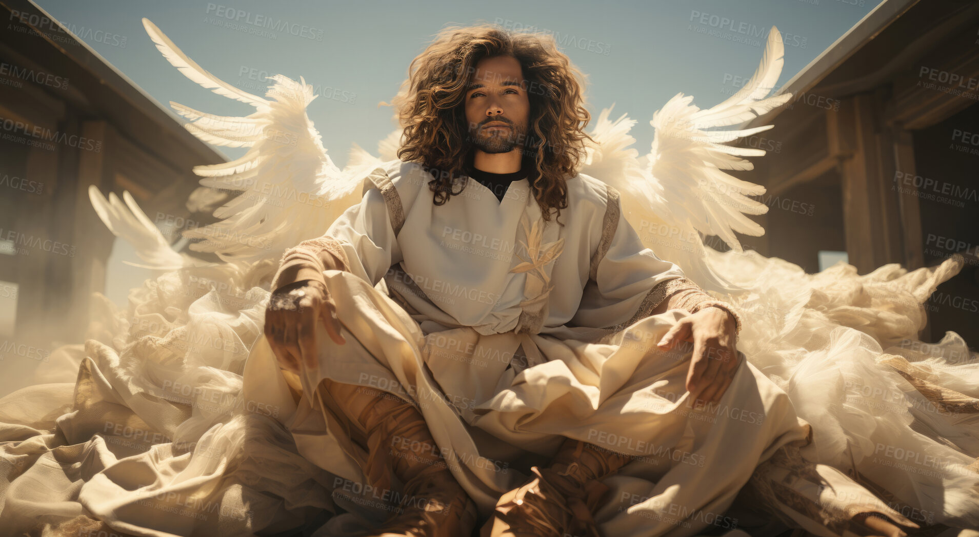 Buy stock photo Portrait of archangel sitting. Big wings and gown in back. Angel concept.
