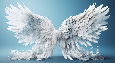 Buy stock photo Beautiful angel wings isolated on blue gradient backdrop.