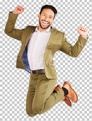 Buy stock photo Businessman, portrait and jump in celebration, winning or success isolated on a transparent PNG background. Excited asian man or employee in air for good news, bonus or deal on business promotion