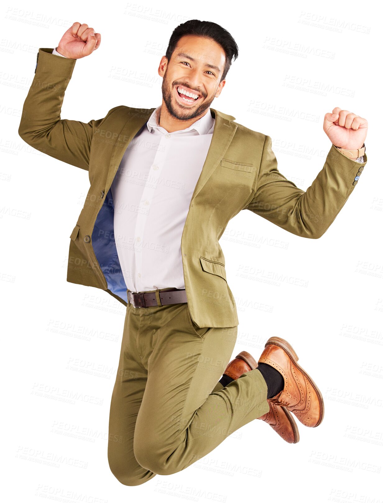 Buy stock photo Businessman, portrait and jump in celebration, winning or success isolated on a transparent PNG background. Excited asian man or employee in air for good news, bonus or deal on business promotion